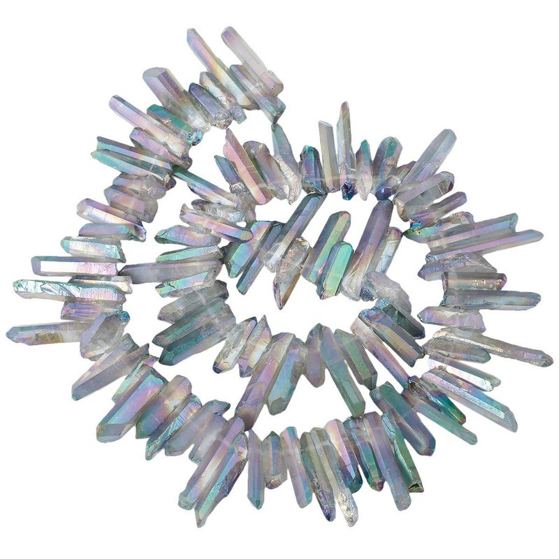 SUNYIK Transparent Green Titanium Coated Crystal Points Quartz Rough Sticks Spikes Point Beads 15 inch Strand Drilled - Image 1